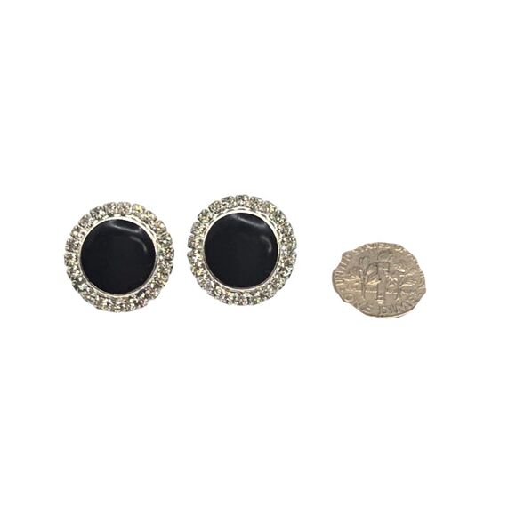 Pierced Earrings Halo Rhinestone Black Enamel Acrylic Silver Tone Lightweight - Picture 2 of 6